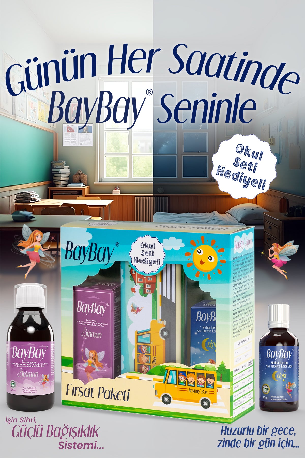 Baybay Fırsat Paketi - Night Melisa İçeren Damla 50 ml- Immun Kekik Meyan Aserola İçeren 150 ml