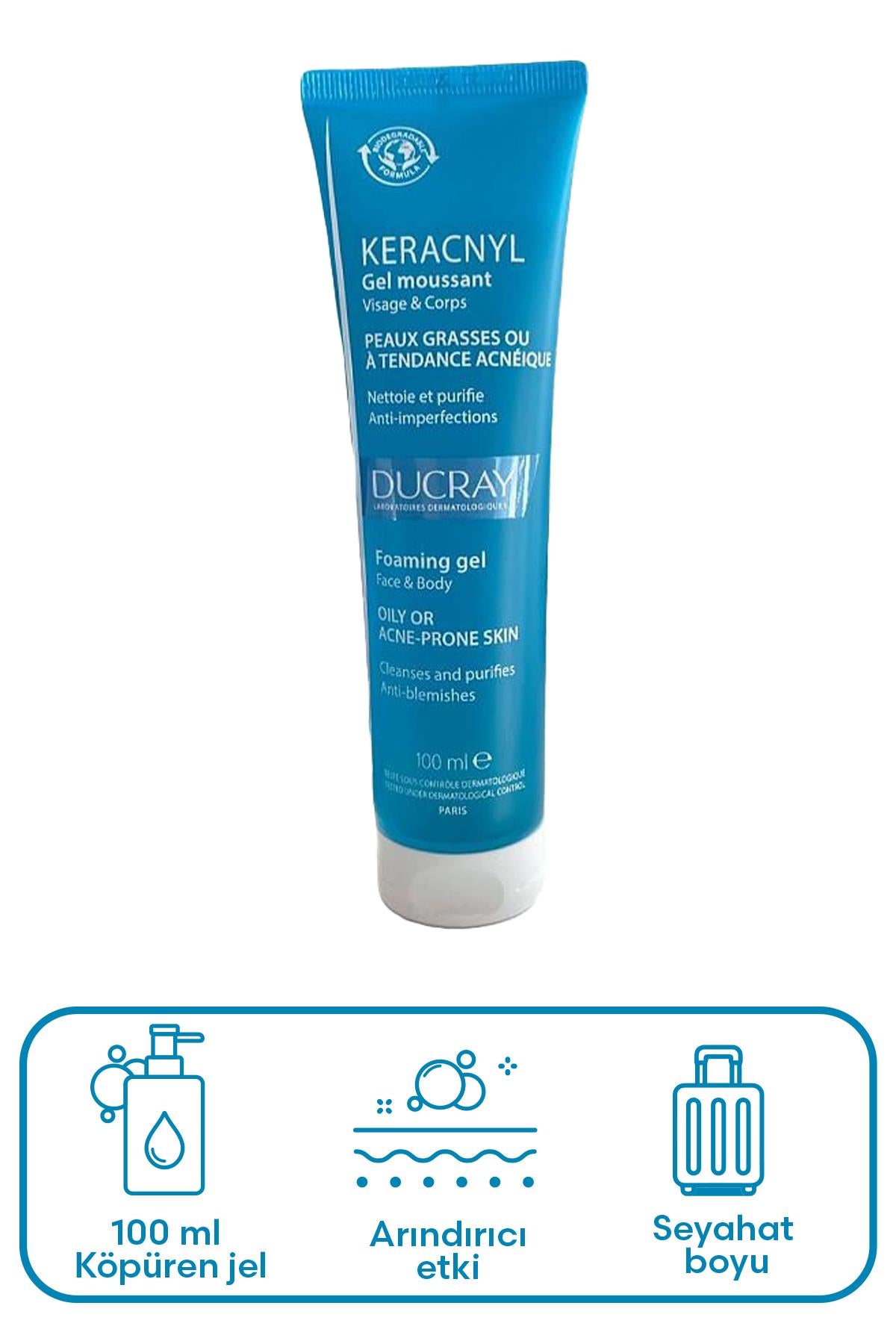 Ducray Keracnyl Yağlı ve Düzensiz Ciltler için Temizleme Jeli 100 ml
