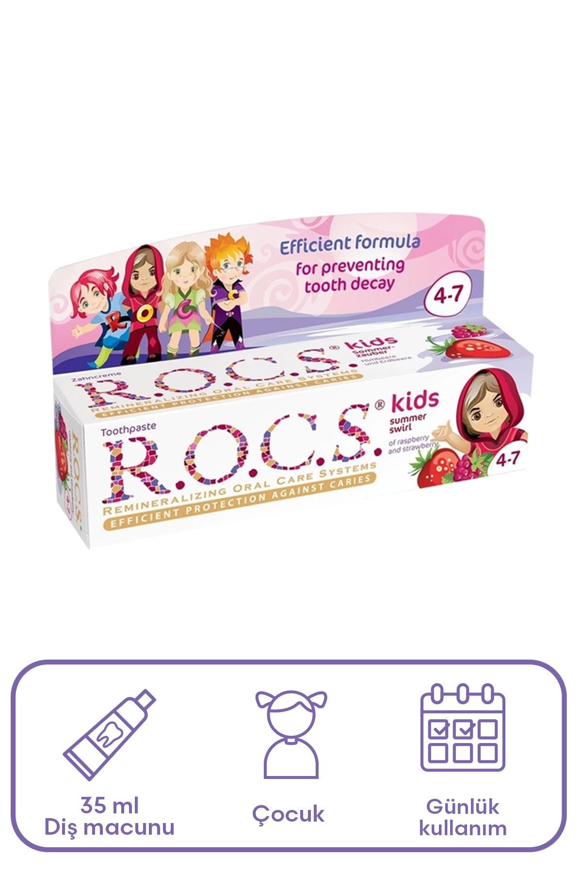 Rocs Kids 4-7 Yaş Meyveli Çocuk Diş Macunu 35ml (Ahududulu-Çilekli)