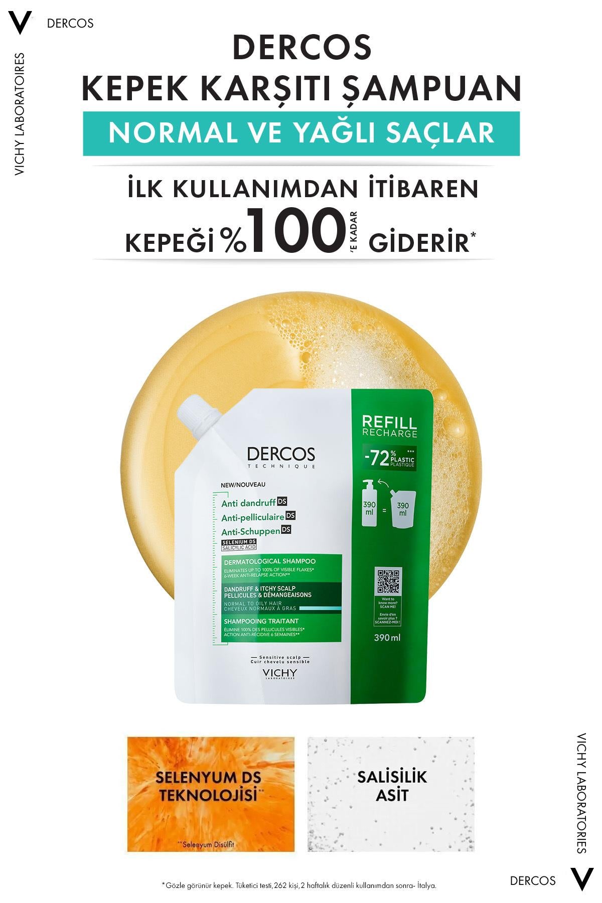 Vichy Dercos Normal/Yağlı Saçlar İçin Kepek Karşıtı Saç Bakım Şampuanı Refill 390 ml
