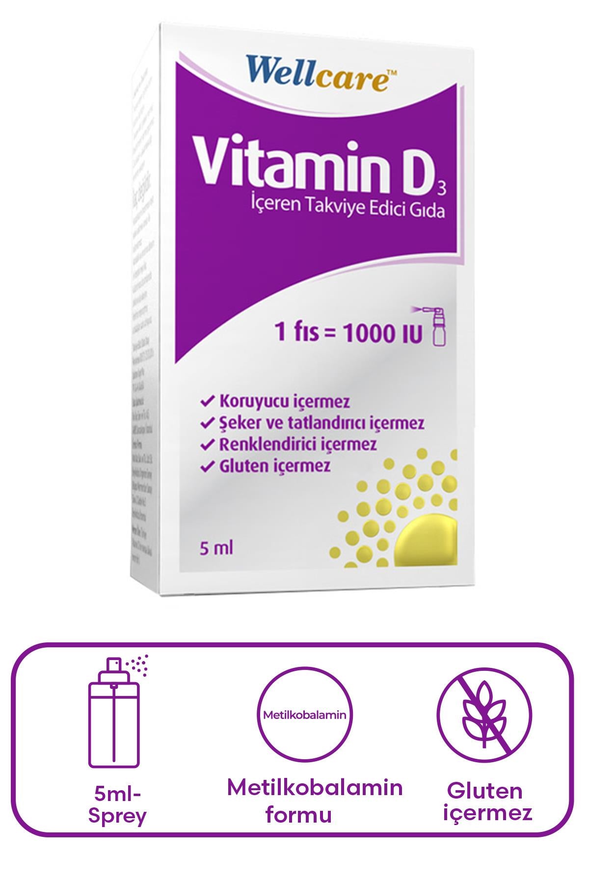 Wellcare Vitamin D3 1000 IU Sprey Takviye Edici Gıda 5 ml