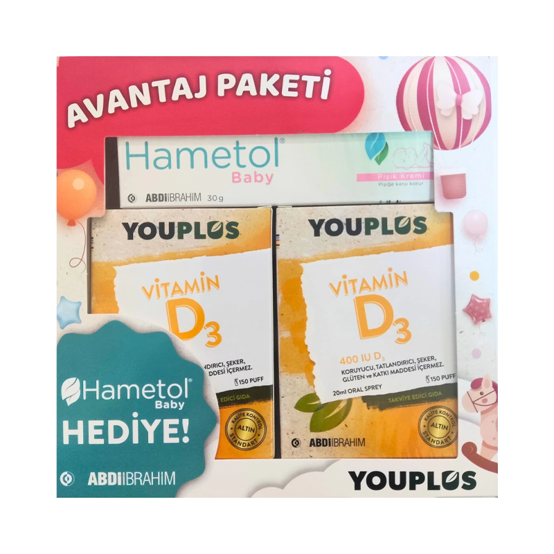 Youplus Vitamin D3 400 IU Oral Sprey 20 ml x2 + Hametol Baby Pişik Kremi 30 g Kofre